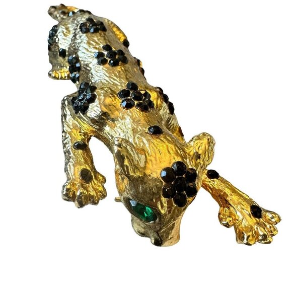 VTG Leopard‎ Brooch Pin 5" Black Rhinestone Flowers Green Eyes Articulating READ - Picture 1 of 8